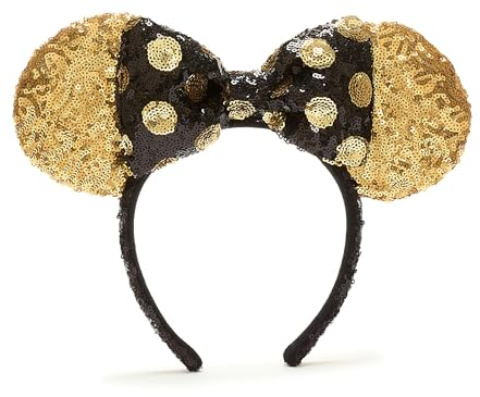 Disney Store Officiel Bandeau Oreilles de Minnie Mouse en Noir et Or de Walt Disney World, Accessoire de Tête Sequiné Unisexe avec Nœud pour Adultes - Taille Unique