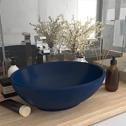 Rantry Lavabo di lusso a forma ovale in ceramica blu scuro opaco 40 x 33 cm, lavabo da appoggio, lavello per lavabo da bagno, lavabo da bagno per piccolo guardaroba bagno