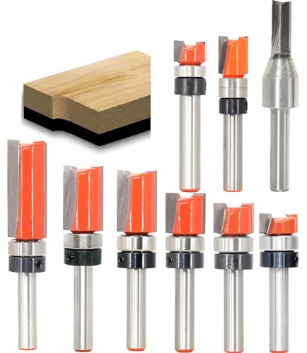 9PCS Flush Trim Router Bit Set, 1/4 inch Shank, Straight Flush Trim Pattern Tools with Top Bearing, Wood Milling Cutter for Trimming