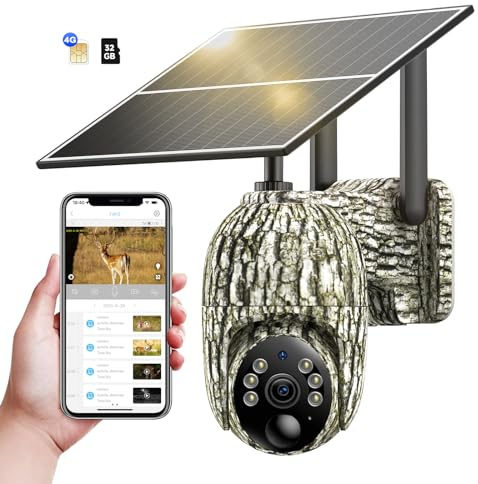 NUASI 4G Camara Vigilancia Exterior, Solar Cámara fototrampeo SIM sin WiFi, 360° Inalámbrico Cámara con 2K Visión Nocturna en Color, PIR Detección de Movimiento, Audio de 2 vías, IP66, 32GB Tarjeta