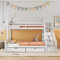 Kinderbett Etagenbett 90×200 & 140×200 mit 2 Unterbett Schubladen und Speicherung Treppe, Hochbett Doppelbett Hausbett für 3 Kinder, Holzbett mit Rausfallschutz und Lattenrost, Weiß, Ohne Matratze