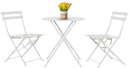 Jet-Line® | Balkon | Bistro | Gartenmöbel Set 3-Teilig | weiß | Tisch mit 2 Stühlen Klappstuhl | Pulverbeschichteter Stahl | Wetterbeständig | Gartentisch & Stühle perfekt für kleine Balkone