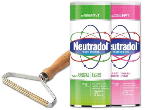 Shake and Vac Carpet Freshener Powder for Odor Elimination & Freshness| Neutradol Fresh Science & Superfresh Carpet Deodorizer Bundle – 350g Each + Manual Lint Remover