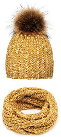 Solvera_Ltd Damen Set für Winter Warme Strickmütze, Wintermütze & Loop mit großer Kunstfell Bommel, Gefütterte Warme Weiche Strickset Beanie mit Fellbommel + Schlauchschal, Einheitsgröße (Senf)