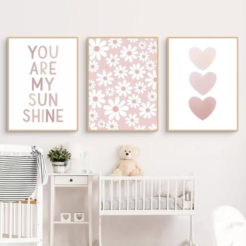Ueiwffzo 3er Set Poster & Kunstdrucke - Rosa Regenbogen Gänseblümchen Bilder, Mädchen Kinderzimmer Deko, Ohne Rahmen (A50x70cm)
