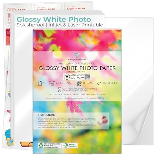 Evergreen Goods - Papel fotográfico adhesivo brillante A4 para etiquetas personalizadas, ideal para artesanos y propietarios de pequeñas empresas, a prueba de salpicaduras, compatible con impresoras
