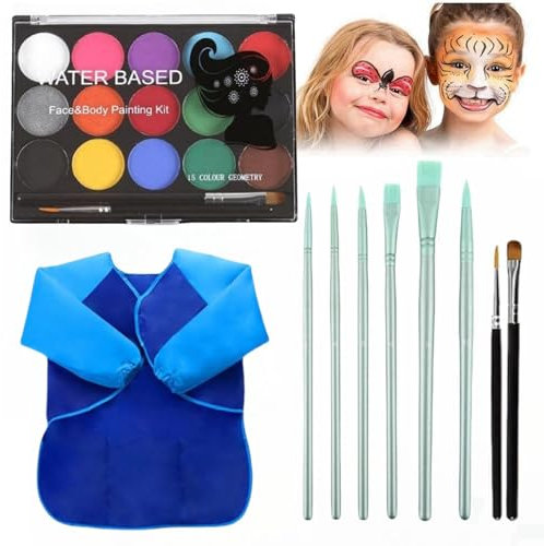Pintura Corporal Y Facial,15 Colores Pintacaras Infantil, Pintura Barriga Embarazada,Con 8 Pinceles Y 1 Delantal Azul, Face Paint Para NiñOs Fiestas Cosplay Semana Santa,Carnava.