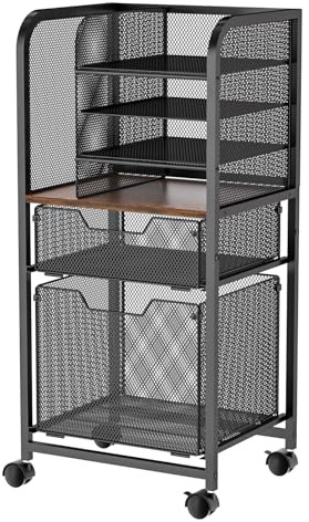 Feyejade 6-Tier Rolling File Cart with 2 Drawers, File Cabinet Organizer for Hanging File Folders, Letter-Size File Storage with Wheels, Multi-Layer Mobile Filing Cabinet for Office and Home
