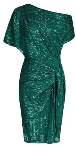 Damer paljett glittrande glitter klubbklänning en axel rynkad bodycon 80-tal fin klänning för kvinnor UK, gRÖN, L