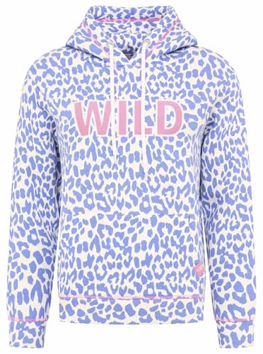 Zwillingsherz Damen Kapuzenpullover, Leoparden-Muster in Pastell-Blau, Pink Wild-Schriftzug, Gr. S