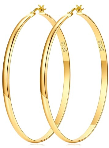 LOUMILEO 4mm Groß Creolen Gold für Damen Leichtgewicht 14K Vergoldete Ohrringe Gold Creolen Hypoallergene Groß dünne Ohrringe für Damen 70MM