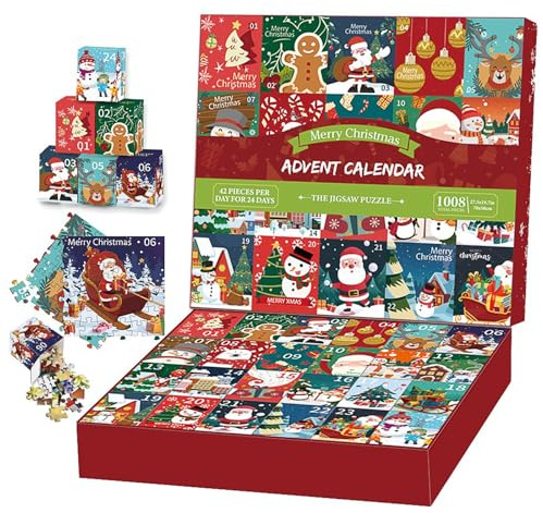 Weihnachts-Countdown-Kalender 1008 Teile Überraschungs-Puzzle Adventskalender – 24 Tage Weihnachts-Countdown 2025 Tisch-Adventskalender für Zuhause Büro Zimmerdekoration (Weihnachtsmann)