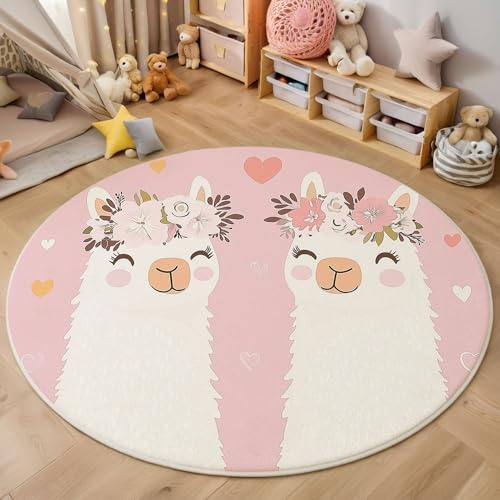Kinderteppich Kinderzimmer Zeichentricktiere Lächelndes Alpaka Kinder Teppich Babyzimmer Weicher Flor,Rosa, 160cm Rund für Kinderzimmer, Babyzimmer und Spielzimmer