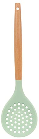 1PC Silicone Skimmer Spoon, Non-Stick Silicone Slotted Skimmer Spoon, with Heat-Resisting Comfortable Wooden Handle, Durable Draining Spoon for Kitchen Cooking, Vegetables,12.6 Inch(Color:Green)