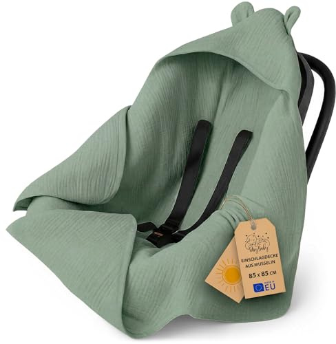 Musselin Einschlagdecke Babyschale Sommer – atmungsaktive Babydecke – Musselin Decke Kinderwagen Autositz für Neugeborene 3- & 5-Punkt-Gurt 85x85 cm Oeko-Tex Beige