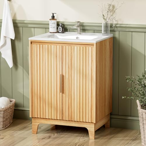 Bonnlo 24 inch Bathroom Vanity Unit with Basin, Small Under Sink Bathroom Cabinet with Slatted Door, Oak Finish Vanity Unit with Ceramic Sink for Compact Cloakroom