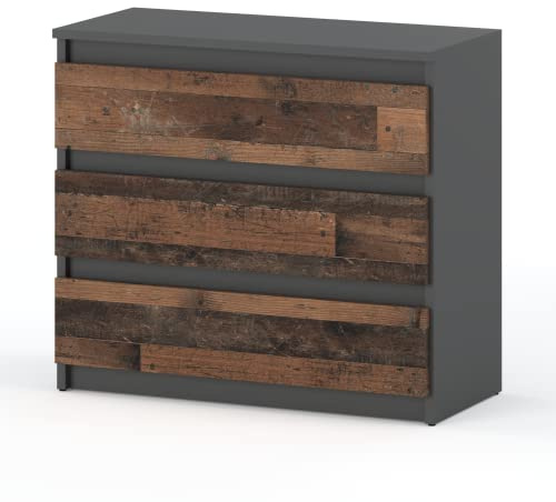 MRBLS_HOME Kommode mit 3 Schubladen - Holz Sideboard 80 x 71,5 x 33,5 cm (B/H/T) - Schmale Kommode für Schlafzimmer & Flur - Schrank mit Schubladen (Anthrazit - Industrial/Grau Matt - Old Style)