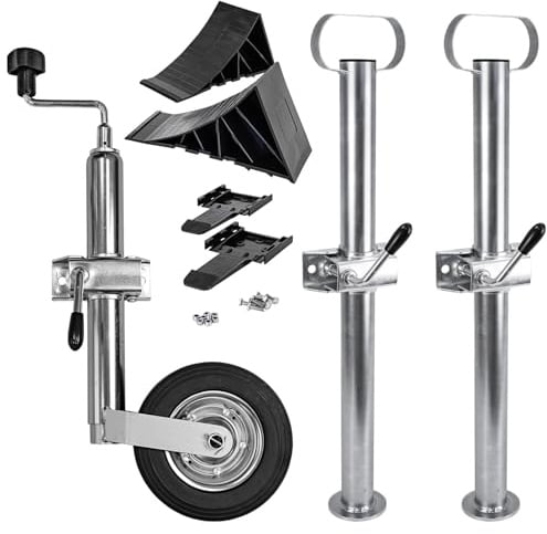 Trucky Set Stützrad für Anhänger + 2X Anhängerstützen + 2X Unterlegkeile Pkw Deichselrad Klemmhalter Anhängerstützrad Keil
