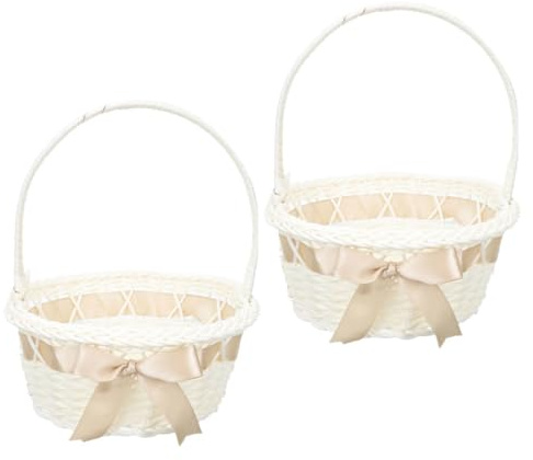BESTonZON 2 Stück Weiße Blumenkörbe für Hochzeit Kunststoff mit Henkel | Handgefertigter Blumenmädchen-Artikel zur Party Deko Geflochten 16x23x16cm Kleines Zubehör für Blütenblätter
