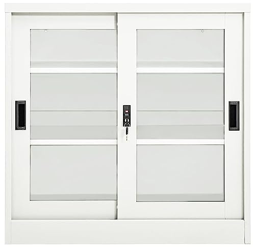 Stahlschrank mit Schiebetür Weiß 90x40x90 cm Stahl Aktenschrank für Büro und Archivierung mit 2 Einlegeböden und Schloss