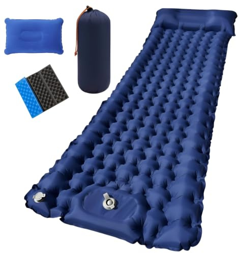 Camping Sleeping Pad, Ultralight Inflatable Camping Mat with Built-in Foot Pump, Pillow, Sit Mat, Portable Pillow, Foot Pump Air Mattress, Compact for Camping Hiking Traveling Tent (Navy Blue)