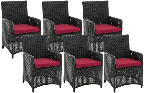 CLP Gartenstuhl 6er Set Fontana, Polyrattan Gartenstühle, Hochlehner mit Sitzkissen, Wetterfeste Garten-Sessel mit Armlehnen, Outdoor Stuhlset, Farbe:schwarz, Polsterfarbe:Rubinrot