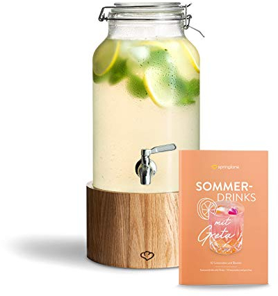 SPRINGLANE Glas Getränkespender 5 L Greta mit Edelstahl-Zapfhahn & Ständer aus Eichenholz, Limonaden-Spender, Vintage Design Mason Jar