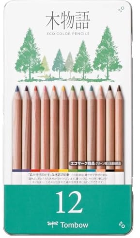 Tombow Ki-Monogatari Eco Farbstift, praktischer Metalldose, PEFC zertifiziert, wachsbasiert, 12er Set [CB-RS-12C]
