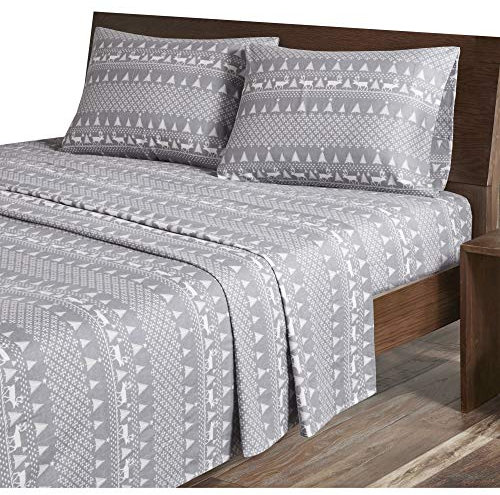 Woolrich Baumwoll-Bettwäsche-Set, Cottage-Charms-Aufdruck, 100% Baumwoll-Flanell-Bettwäsche-Set, warm und flauschig, King-Size-Bettlaken, Spannbetttuch für bis zu 35,6 cm Matratze, King Grey Winter