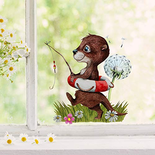 ilka parey Fensterbild Frühling Otter mit Angel - Fensterbilder Frühling selbstklebend - Fensterdeko Frühling wiederverwendbar - Ihre eigene Frühlingsgeschichte in jedem Fenster (bf37)
