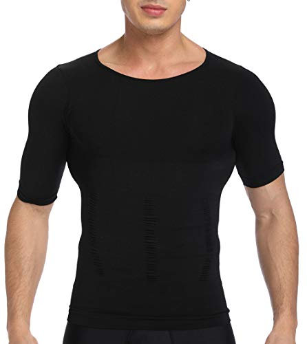 SLIMBELLE Men's Body Shaper Slimming Vest T-Shirt Elastic Slim Shapewear Compression Undershirts Tummy Control Waist Trainer, Black, M (Waist 66-80 CM)