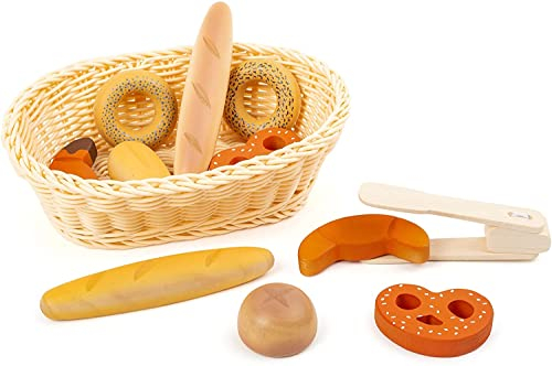 small foot Brotkorb-Set fresh aus Holz, mit Backzange, Zubehör für Kinderküche und Kaufladen, ab 3 Jahren, 11444