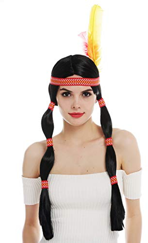 WIG ME UP - 6081-P103 Perücke Damenperücke Karneval lang Indianerin Indianer-Frau Wilder Westem Zöpfe schwarz Stirnband Feder