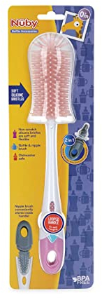 Nuby Soft Non-Scratch Silicone Bristle Bottle & Nipple Brush with Looped Handle, Pink