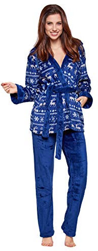 Selente Sweet Dreams Soffice completo donna per casa in caldo pile: vestaglia con tasche, cappuccio, cintura e pantaloni, blu renne, S
