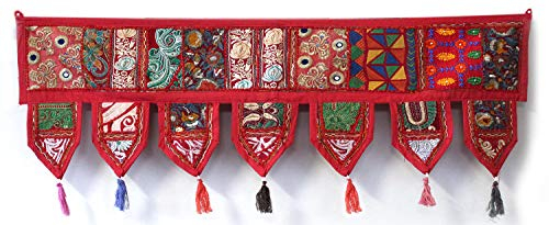 ICC valances for windows Toran Cotton Vintage Patchwork Door Hanging Valance Window Hand Embroidered Bohemian Decor Living Room Wall bedroom living room Home Handmade Decorations Red 42 Inches