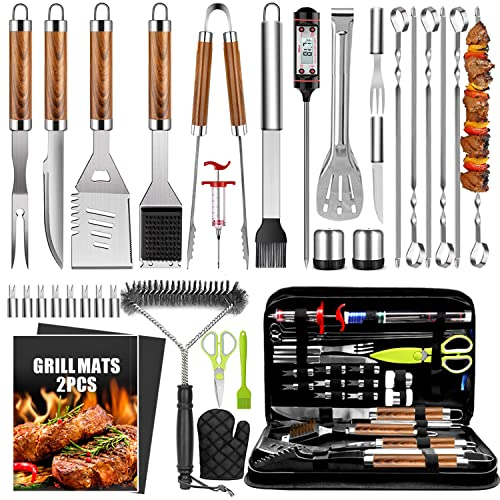 Lot de 34 Accessoires de Barbecue pour Homme - Outils Robustes de 40,6 cm en Acier Inoxydable avec Thermomètre et Tapis - Ensemble Cadeau pour Jardin