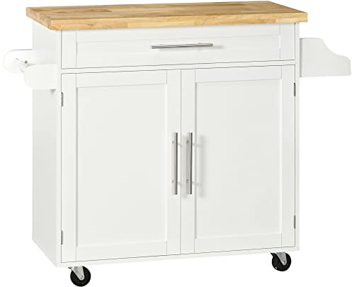 HOMCOM Küchenwagen rollbar Servierwagen Küchentrolley mit höhenverstellbaren Einlegeböden für Küche Wohnzimmer Esszimmer Gummiholz MDF Weiß 109 x 40 x 89 cm