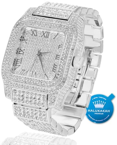 Halukakah Premium Moissanite Diamant Gold Uhr für Männer - Platin Weißgold Beschichtung, Basic Wasserdicht,Römische Ziffern Quadratzifferblatt,3-Seiten Iced Out,24cm Armband - Geschenkbox Inklusive