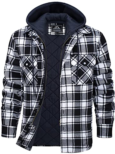 KEFITEVD Thermohemd Herren Winter Hooded Übergangsjacke Kordelzug Plaid Futter Jacke Casual Flanell Arbeitshemd mit Mehreren Taschen Schwarz M