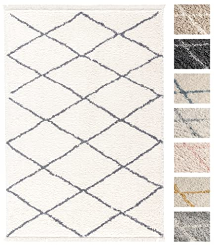 Wohnzimmer Shaggy Teppich 160 x 230 Weiss Grau Diamantmuster, Super Soft Moderner Hochflor Teppich