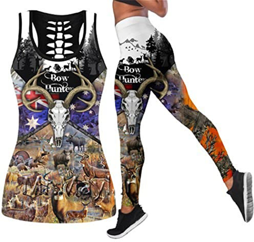Bow Camo 3D Hollow Tanktop Leggings Set, Frauen Jagd Gedruckt Sexy Weste und Yogahose, Nahtloser Sportanzug, Tanktops und Leggings, 52