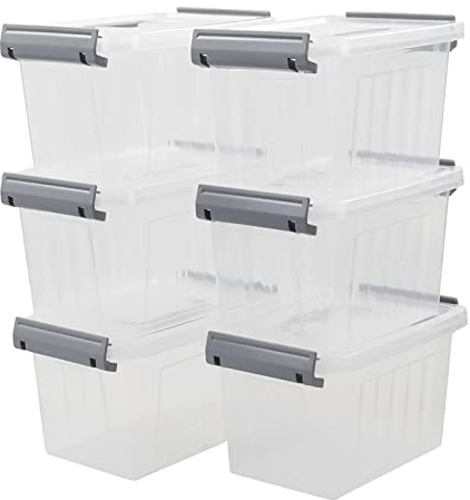 Hespama 6 Pack 3 L Small Storage Boxes with Lids, Clear Lidded Storage Box, Plastic Latching Container Box with Handle