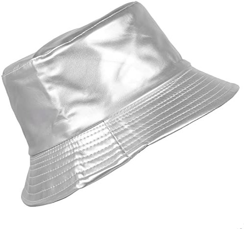 KYEYGWO Damen Reversible Fischerhut aus PU Leder, Frauen Doppelseitiger Buckethut Wasserdicht Regenhut Baumwolle Winterhut Outdoor Hut Sonnen Schlapphut, Silber