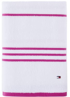 Tommy Hilfiger Modernes Badetuch mit amerikanischen Streifen, 76,2 x 137,2 cm, 100% Baumwolle, 574 g/m² (Weiß/Himbeere)