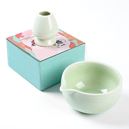ZENRC Traditional Matcha Bowl and Whisk Rest (Reshaper) - Handmade Modern Ceramic Matcha Green Tea Ceremony Essential Matcha Kit- 22oz Big Salad Porridge Juice Bowl Cup (Apple Green)