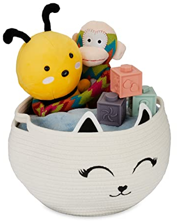 Relaxdays Aufbewahrungskorb für Kinder, Baumwollkorb Katze, H x D: 24 x 35 cm, Spielzeugkorb Kinderzimmer, weiß/schwarz