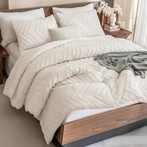 Andency Bettdecken-Set in voller Größe, Beige, Boho, cremefarben, weich, warm, getuftet, neutrales Bettwäsche-Set, für großes Bett, 3-teilig, ästhetisches Chevron-Muster, Bauernhaus, niedlich