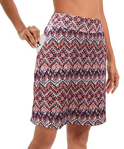 Timuspo Damen Activewear Wanderrock Knielang mit Innenhose Sommersport Golf Radfahren Skorts,Boho-Orange-Muster,L