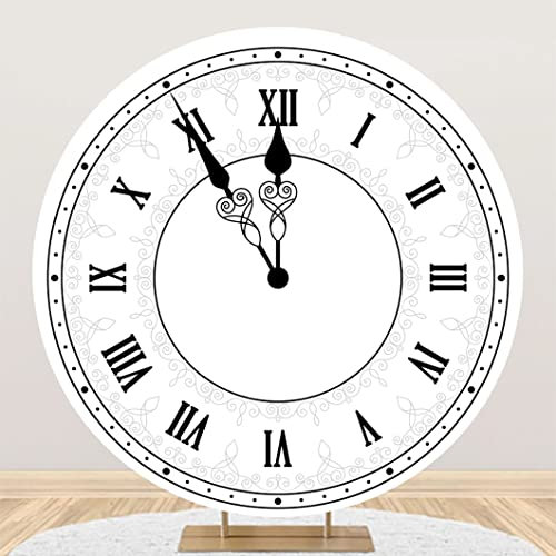 DORCEV 2 x 2 m Happy New Year Round Hintergrund Abdeckung Polyester Luxus Weiß Uhr Neujahr Countdown Fotografie Hintergrund für Familie Weihnachten Silvester Party Dekorationen Kinder Erwachsene